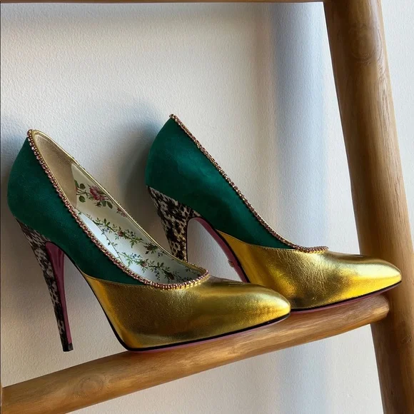 Gucci Emerald and Gold Heels w/ Rhinestone - Picture 1 of 7